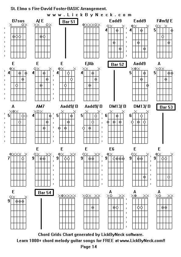 Chord Grids Chart of chord melody fingerstyle guitar song-St Elmo s Fire-David Foster-BASIC Arrangement,generated by LickByNeck software.